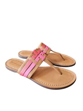 Tory Burch Tan Leather Sandals with Pink Logo Trim